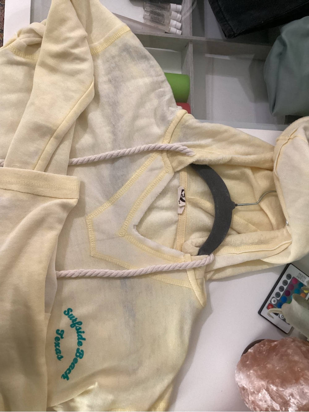 Surfside Supply Pale Yellow Hooded Pullover with Teal Script